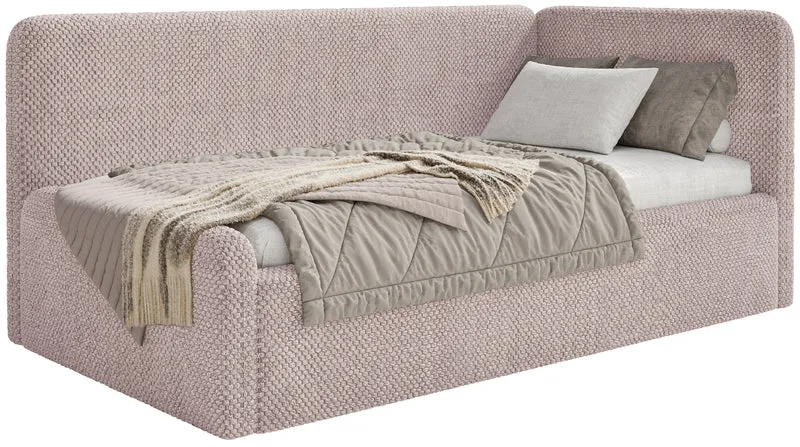 Jugendbett 120x200 cm Fanklo rechtsseitig mit Matratze und Stauraum, puderrosa Plüsch, wasserabweisend