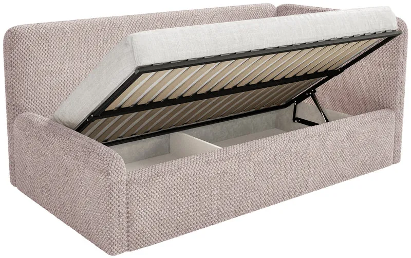 Jugendbett 120x200 cm Fanklo rechtsseitig mit Matratze und Stauraum, puderrosa Plüsch, wasserabweisend