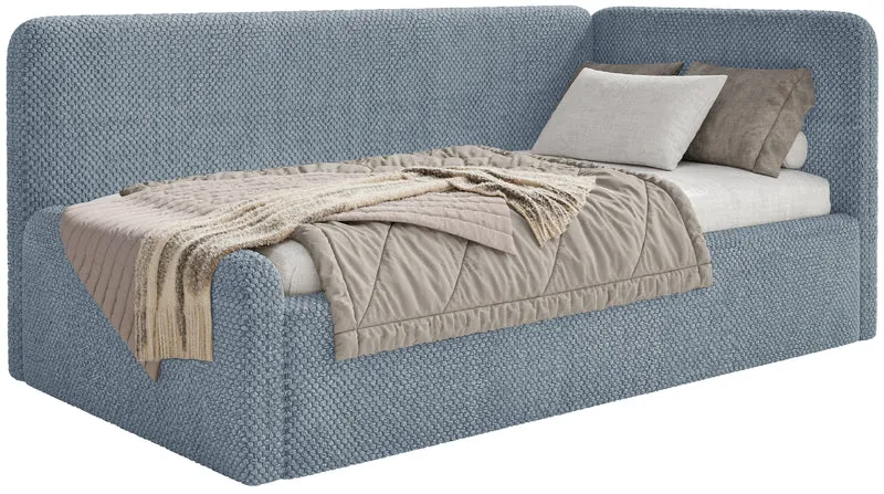 Jugendbett 120x200 cm Fanklo rechtsseitig mit Matratze, Stauraum und blauen, wasserabweisenden Plüsch-Gittern