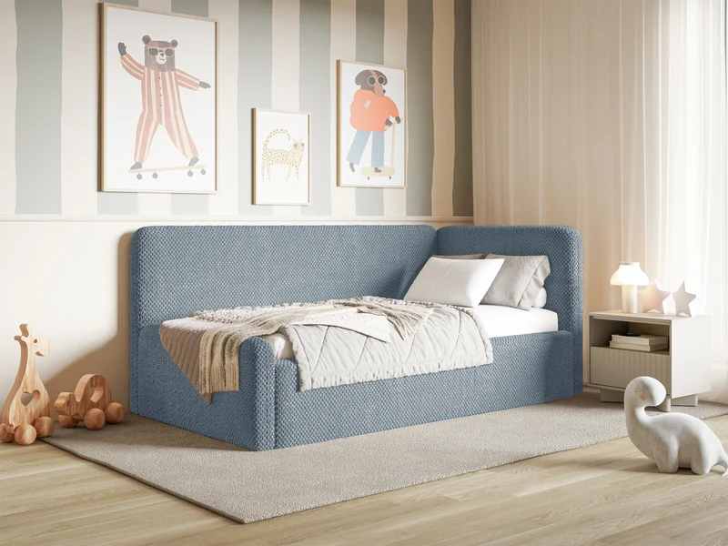 Jugendbett 120x200 cm Fanklo rechtsseitig mit Matratze, Stauraum und blauen, wasserabweisenden Plüsch-Gittern
