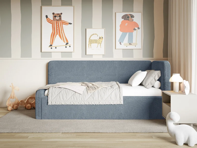 Jugendbett 120x200 cm Fanklo rechtsseitig mit Matratze, Stauraum und blauen, wasserabweisenden Plüsch-Gittern