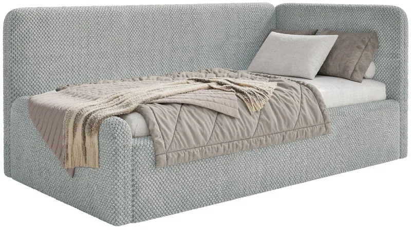 Jugendbett 120x200 cm Fanklo rechtsseitig mit Stauraum, grauer hydrophober Plüsch