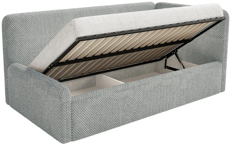 Jugendbett 120x200 cm Fanklo rechtsseitig mit Stauraum, grauer hydrophober Plüsch