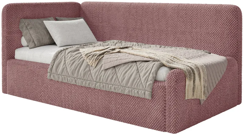Jugendbett 120x200 cm Fanklo linksseitig mit Stauraum und Geländern, rosa Plüsch, wasserabweisend