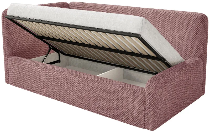 Jugendbett 120x200 cm Fanklo linksseitig mit Stauraum und Geländern, rosa Plüsch, wasserabweisend