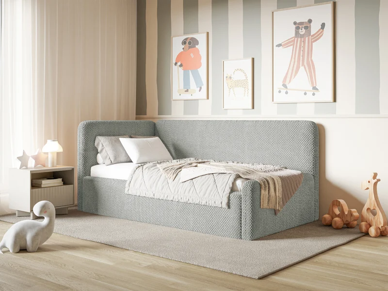Jugendbett 120x200 cm Fanklo linksseitig mit Matratze, Stauraum und grauen Plüsch-Hydrophob-Seitenleisten