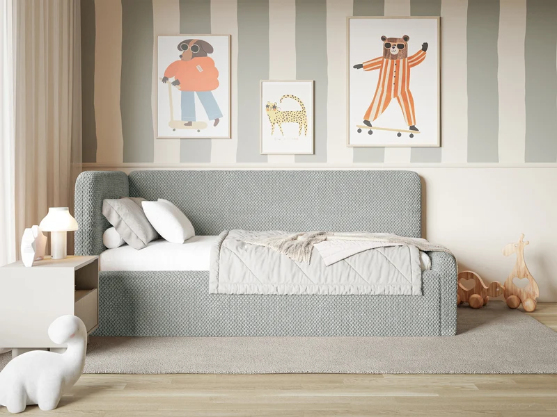 Jugendbett 120x200 cm Fanklo linksseitig mit Matratze, Stauraum und grauen Plüsch-Hydrophob-Seitenleisten