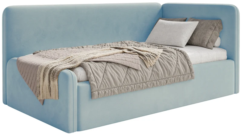 Jugendbett 120x200 cm Fanklo rechtsseitig mit Stauraum und Geländern, hellblauer Velours, wasserabweisend und leicht zu reinigen