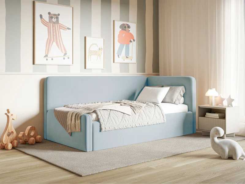 Jugendbett 120x200 cm Fanklo rechtsseitig mit Stauraum und Geländern, hellblauer Velours, wasserabweisend und leicht zu reinigen