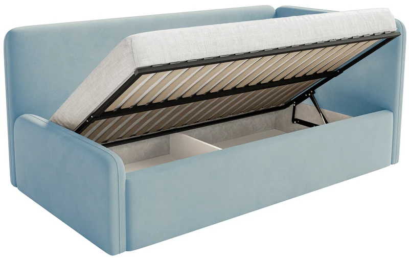 Jugendbett 120x200 cm Fanklo rechtsseitig mit Stauraum und Geländern, hellblauer Velours, wasserabweisend und leicht zu reinigen