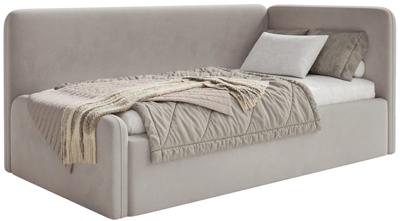 Jugendbett 120x200 cm Fanklo rechtsseitig mit Matratze, Stauraum und Schutzgittern, grau-beiger Velours, wasserabweisend und leicht zu reinigen