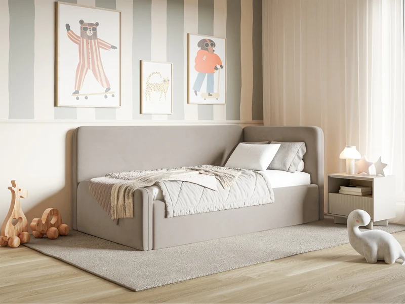 Jugendbett 120x200 cm Fanklo rechtsseitig mit Matratze, Stauraum und Schutzgittern, grau-beiger Velours, wasserabweisend und leicht zu reinigen
