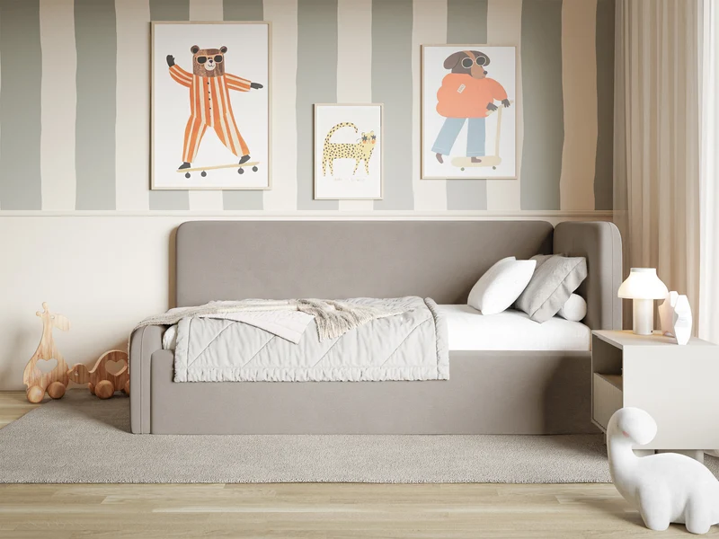 Jugendbett 120x200 cm Fanklo rechtsseitig mit Matratze, Stauraum und Schutzgittern, grau-beiger Velours, wasserabweisend und leicht zu reinigen