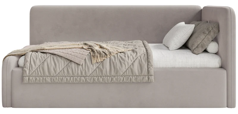 Jugendbett 120x200 cm Fanklo rechtsseitig mit Matratze, Stauraum und Schutzgittern, grau-beiger Velours, wasserabweisend und leicht zu reinigen