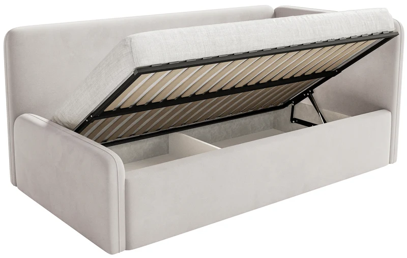 Jugendbett 120x200 cm Fanklo rechtsseitig mit Matratze, Stauraum und Geländern, hellbeiger Velours, wasserabweisend und leicht zu reinigen