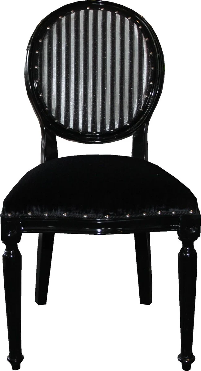 Casa Padrino Barock Medaillon Luxus Esszimmer Stuhl ohne Armlehnen in Schwarz / Silber - Limited Edition