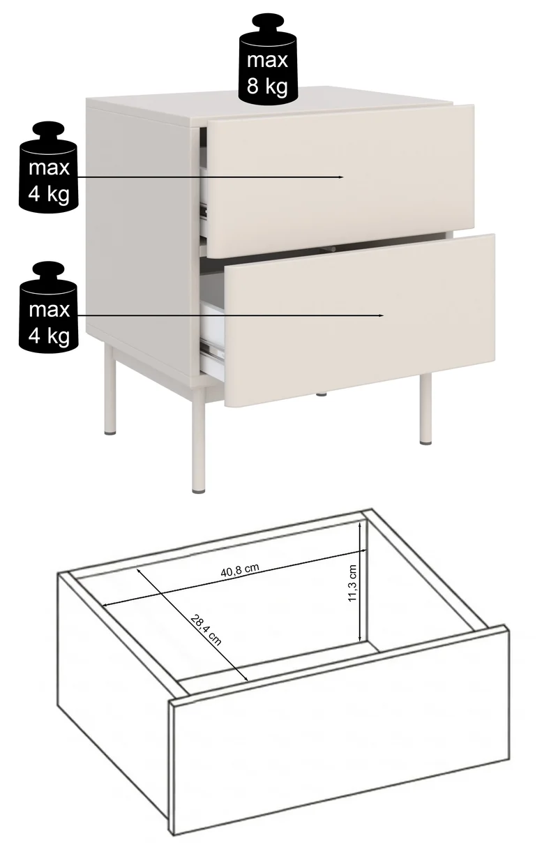 Nachttisch Olio mit zwei Schubladen, 50 cm, weiß