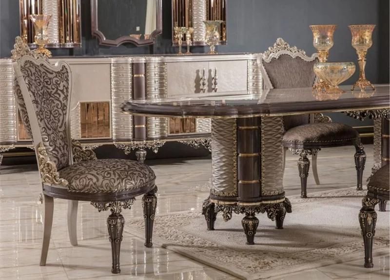 Casa Padrino Luxus Barock Esszimmer Stuhl 8er Set Grau / Braun / Gold H. 110 cm - Barock Esszimmer Möbel