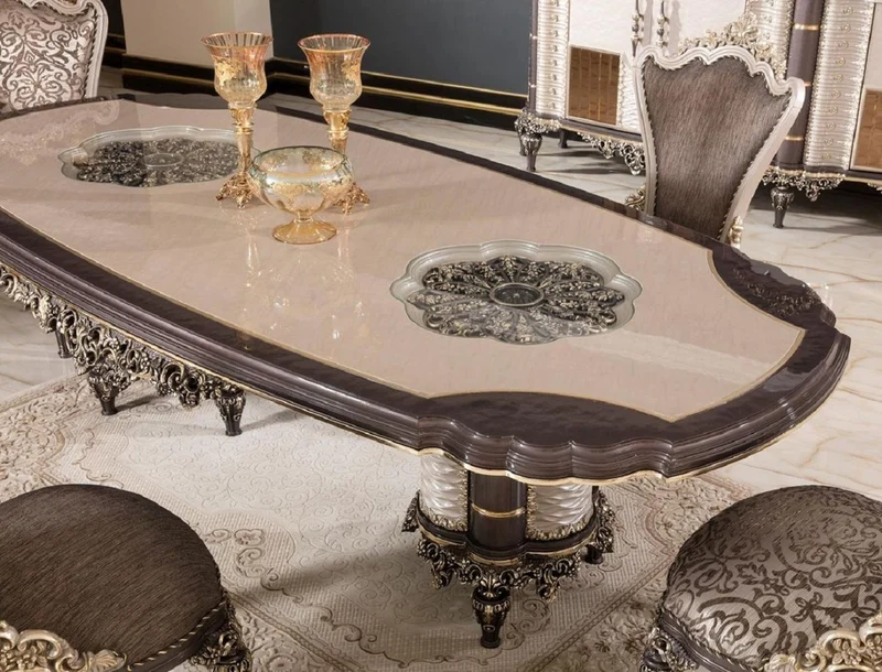 Casa Padrino Luxus Barock Esszimmer Stuhl 8er Set Grau / Braun / Gold H. 110 cm - Barock Esszimmer Möbel