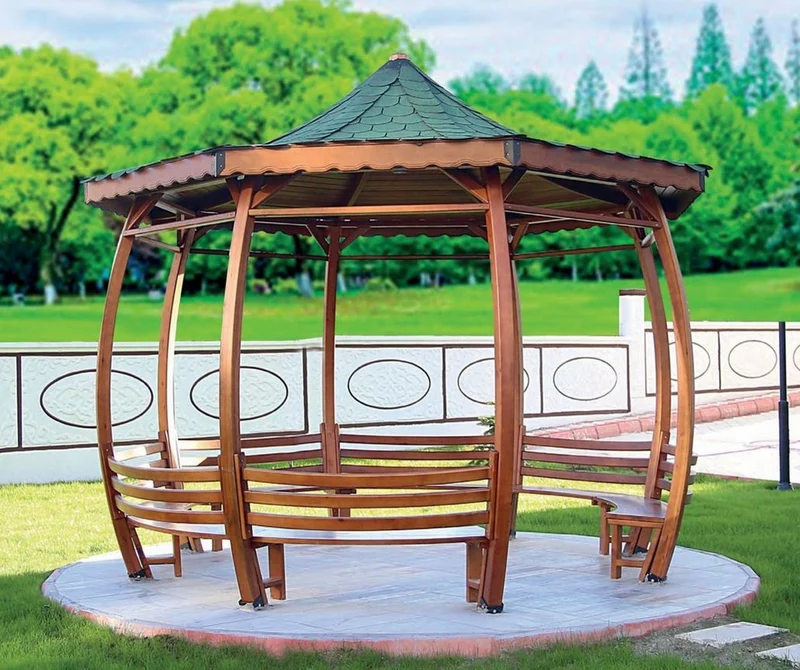 Casa Padrino Pavillon mit Sitzbänken Braun / Grün 400 x 400 x H. 335 cm - Garten & Park Möbel