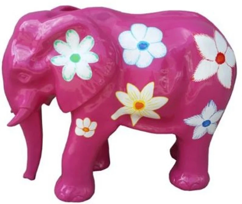 Casa Padrino Designer Deko Skulptur Elefant mit Blumen Design Lila / Mehrfarbig 90 x H. 70 cm - Wetterbeständige Gartendekofigur - Deko Tierfigur - Deko Accessoires