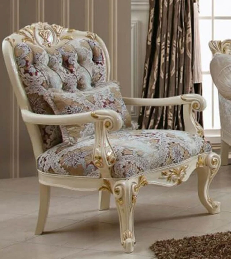 Casa Padrino Luxus Barock Wohnzimmer Set Weiß / Braun / Mehrfarbig / Creme / Gold - 2 Barock Sofas & 2 Barock Sessel & 1 Barock Couchtisch - Luxus Wohnzimmer Möbel im Barockstil - Barock Möbel