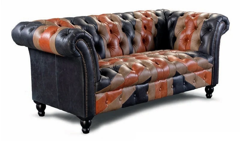 Casa Padrino Luxus Chesterfield Echtleder 2er Sofa Blau / Braun / Schwarz 200 cm