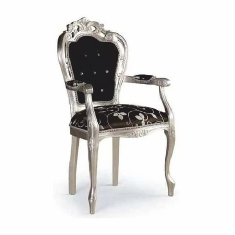 Casa Padrino Luxus Barock Esszimmer Stuhl mit Armlehnen und Glitzersteinen Schwarz / Silber H. 102 cm