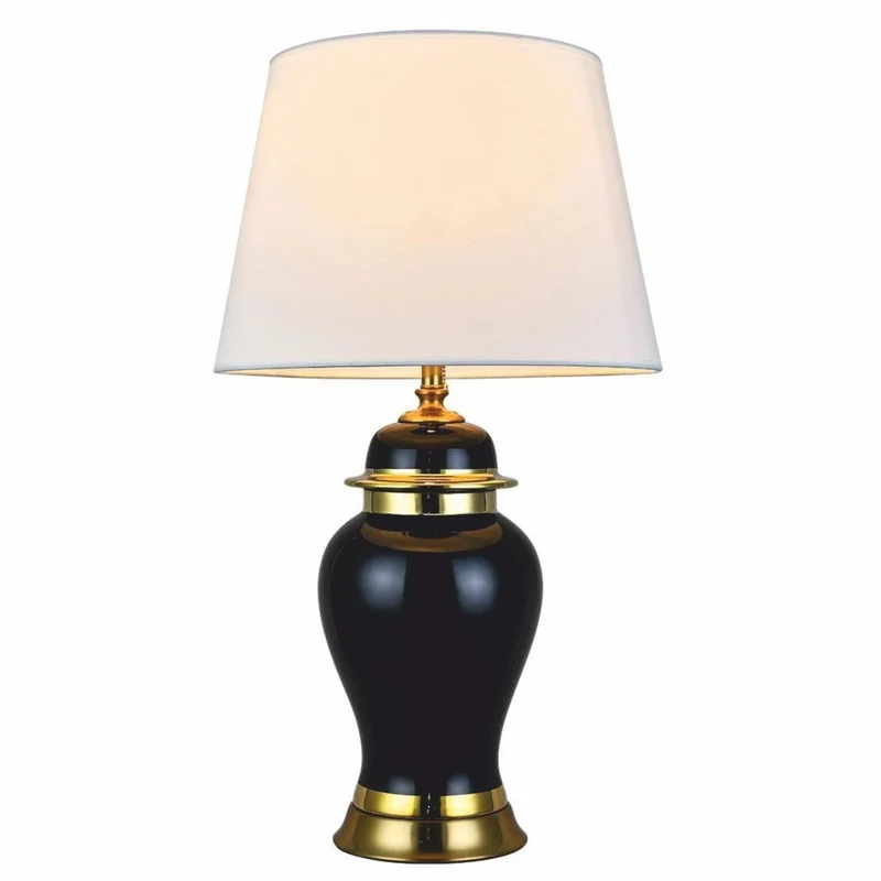 Casa Padrino Luxus Keramik Tischleuchte Schwarz / Gold / Weiß Ø 40 x H. 72 cm