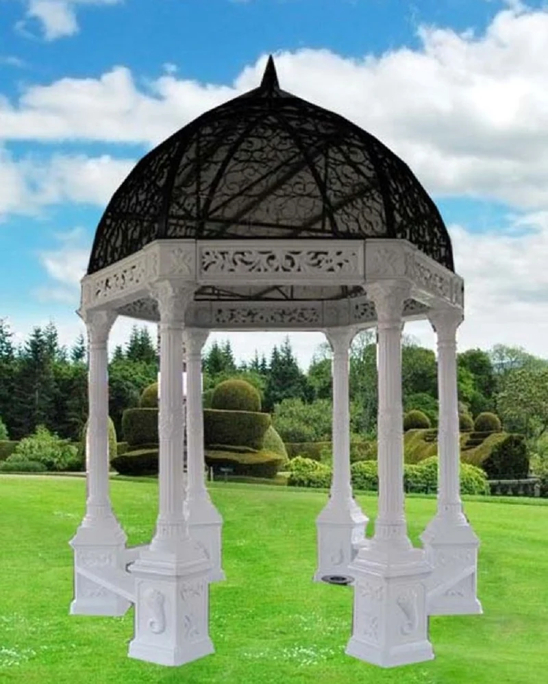 Casa Padrino Luxus Barock Garten Pavillon Schwarz / Weiß Ø 300 x H. 420 cm - Gusseisen Pavillon mit integrierten Sitzbänken - Prunkvolle Garten Deko im Barockstil