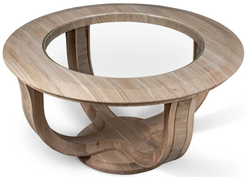 Casa Padrino Luxus Massivholz Couchtisch Naturfarben Ø 73 x H. 43 cm - Runder Eichenholz Wohnzimmertisch mit Glasplatte - Massivholz Wohnzimmer Möbel