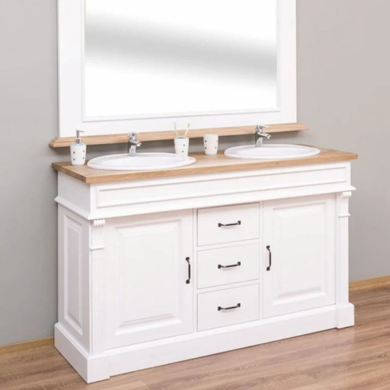 Casa Padrino Landhausstil Doppel Waschbeckenschrank Weiß / Naturfarben 150 cm