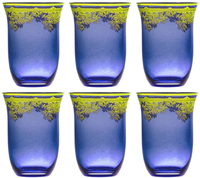 Casa Padrino Luxus Barock Wasserglas 6er Set Blau / Gold Ø 9 x H. 12 cm - Handgefertigte und handbemalte Wassergläser - Biergläser - Weingläser - Hotel & Restaurant Accessoires - Luxus Qualität