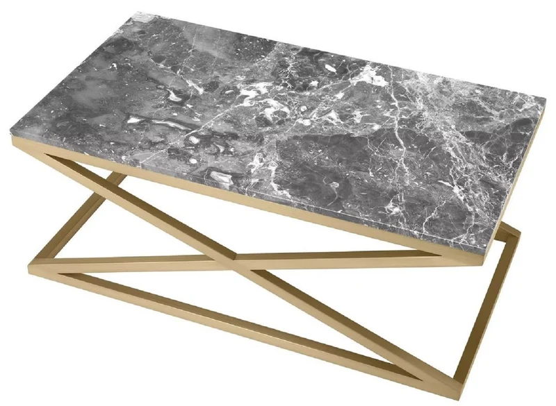 Casa Padrino Luxus Couchtisch Messing / Grau 120 x 70 x H. 47 cm - Rechteckiger Edelstahl Wohnzimmertisch mit Marmorplatte - Wohnzimmer Möbel - Luxus Möbel - Luxus Wohnzimmer Einrichtung