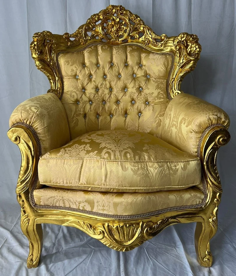 Casa Padrino Barock Sessel mit Glitzersteinen Gold Muster / Gold - Barockstil Wohnzimmer Möbel