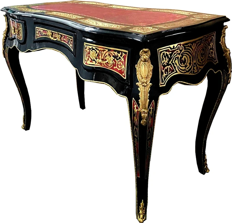 Casa Padrino Barock Boulle Sekretär im französischen Stil Schwarz / Rot / Gold 120 cm - Handgefertigter Antik Stil Schreibtisch - Barock Büro Möbel