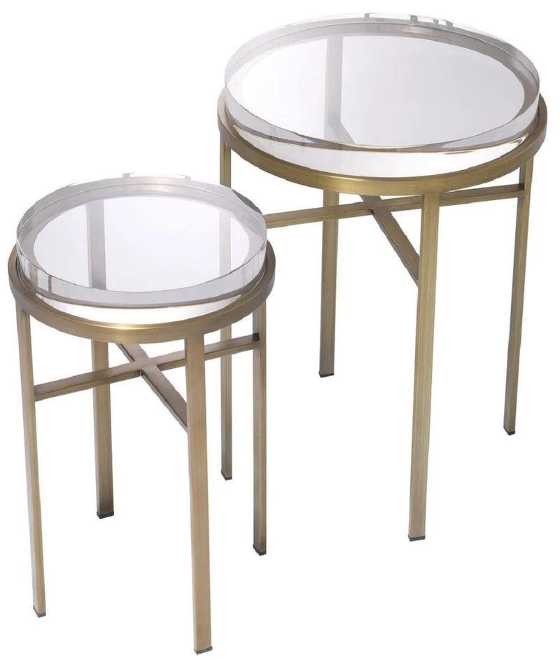 Casa Padrino Luxus Beistelltisch Set Messingfarben - 2 Runde Edelstahl Tische mit Glasplatte - Luxus Wohnzimmer Möbel