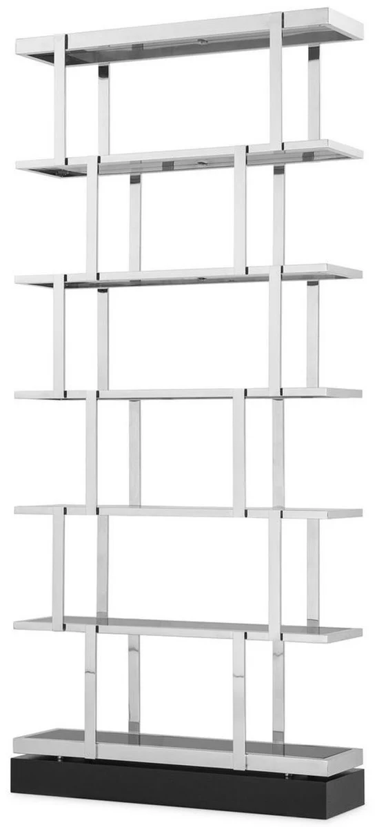 Casa Padrino Luxus Regalschrank Silber / Schwarz 110 x 30 x H. 243 cm - Edelstahl Schrank - Bücherschrank - Wohnzimmer Schrank - Büroschrank - Luxus Möbel