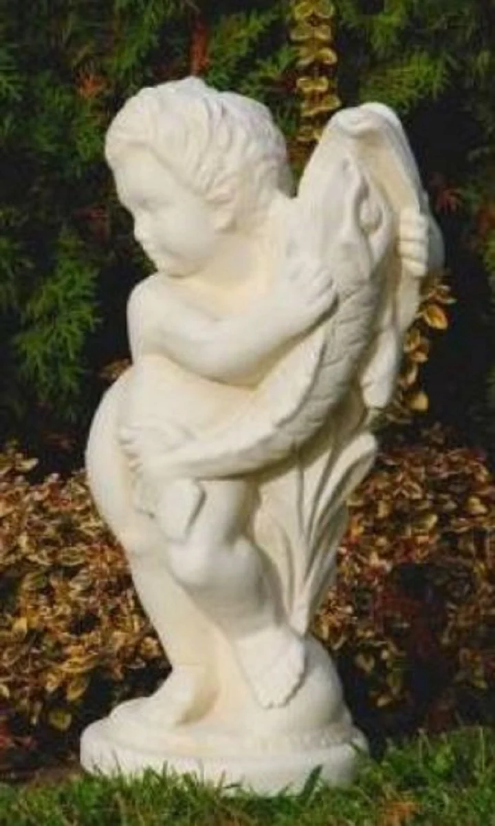 Casa Padrino Jugendstil Wasserspeier Skulptur Junge mit Fisch Sandfarben H. 48 cm - Elegante Wasserspeier Stein Figur - Barock & Jugendstil Garten Deko Accessoires