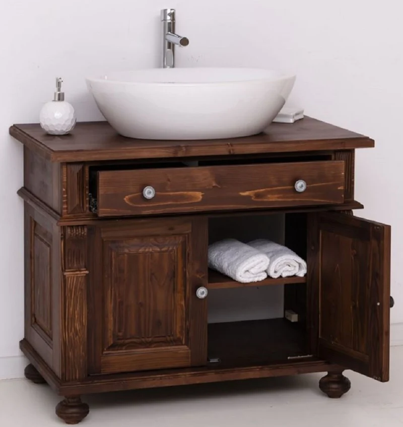 Casa Padrino Landhausstil Badezimmer Set Dunkelbraun / Weiß - 1 Waschbeckenschrank & 1 Ovales Keramik Waschbecken - Badezimmer Möbel im Landhausstil - Landhausstil Möbel - Landhausstil Einrichtung