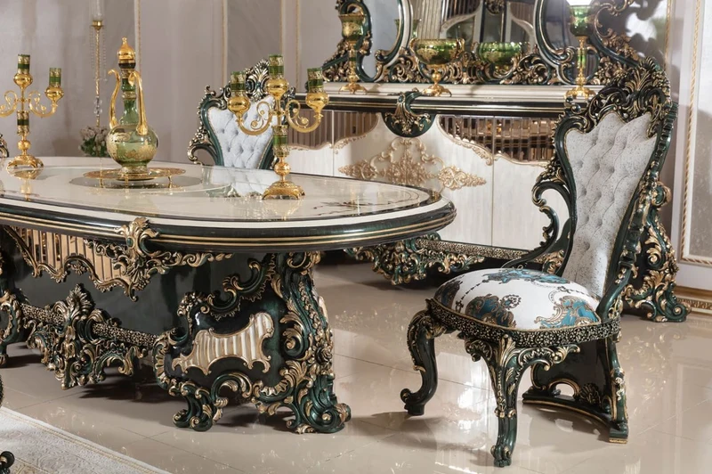 Casa Padrino Luxus Barock Esszimmer Set Weiß / Grün / Gold - 1 Barock Esstisch & 6 Barock Esszimmerstühle - Barock Esszimmer Möbel - Luxus Möbel im Barockstil - Edel & Prunkvoll - Luxus Qualität