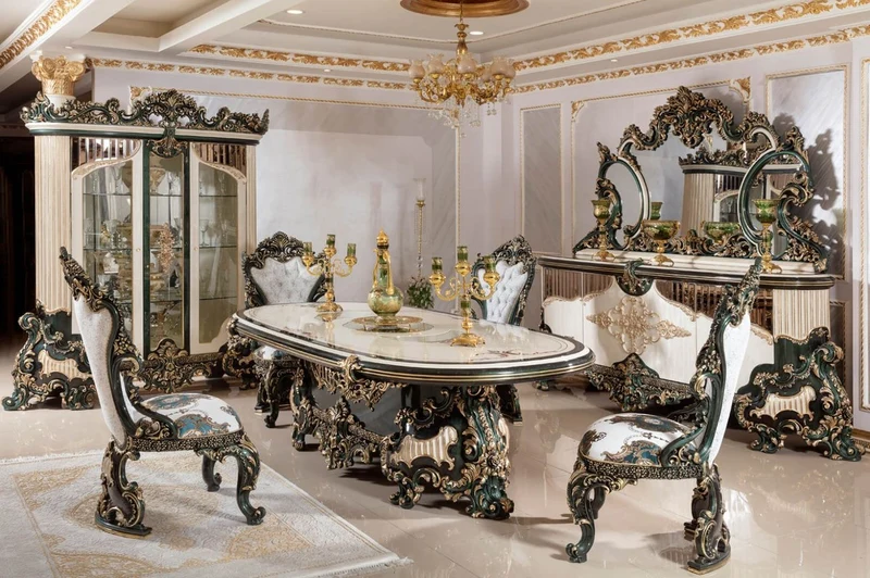Casa Padrino Luxus Barock Esszimmer Set Weiß / Grün / Gold - 1 Barock Esstisch & 6 Barock Esszimmerstühle - Barock Esszimmer Möbel - Luxus Möbel im Barockstil - Edel & Prunkvoll - Luxus Qualität