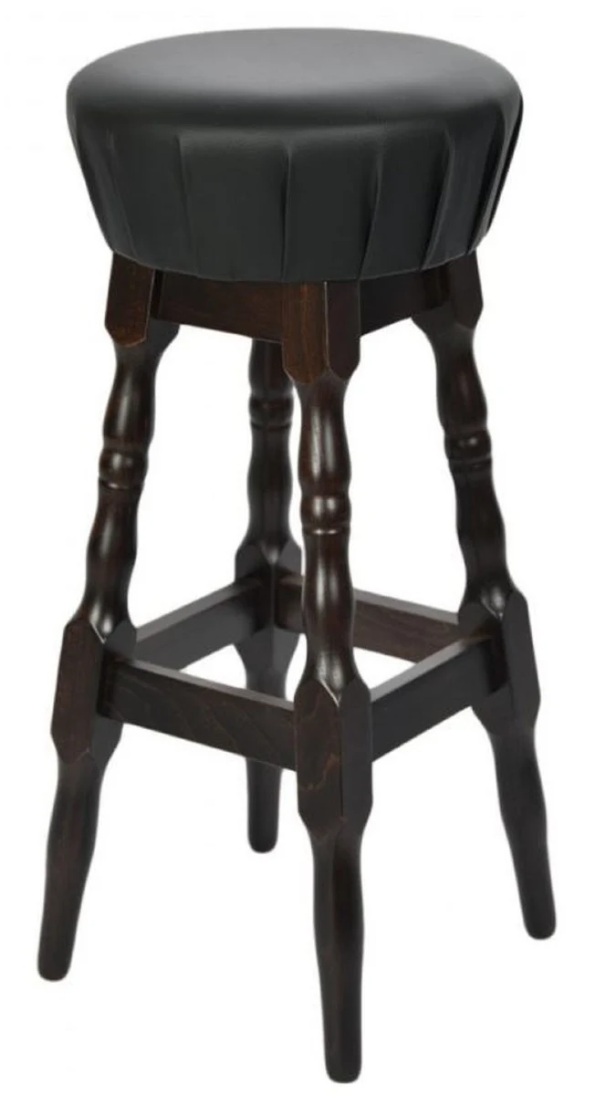 Casa Padrino Jugendstil Barhocker Schwarz / Dunkelbraun H. 80 cm - Runder Kunstleder Barstuhl