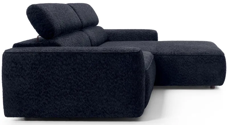 Ecksofa Fando mit elektrisch ausziehbarer Sitzfläche, L-förmig, rechtsseitig, marineblauer Chenille-Stoff