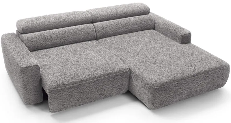 Ecksofa Fando mit elektrisch ausziehbarer Sitzfläche, L-förmig, rechtsseitig, hellgrauer Chenille-Stoff