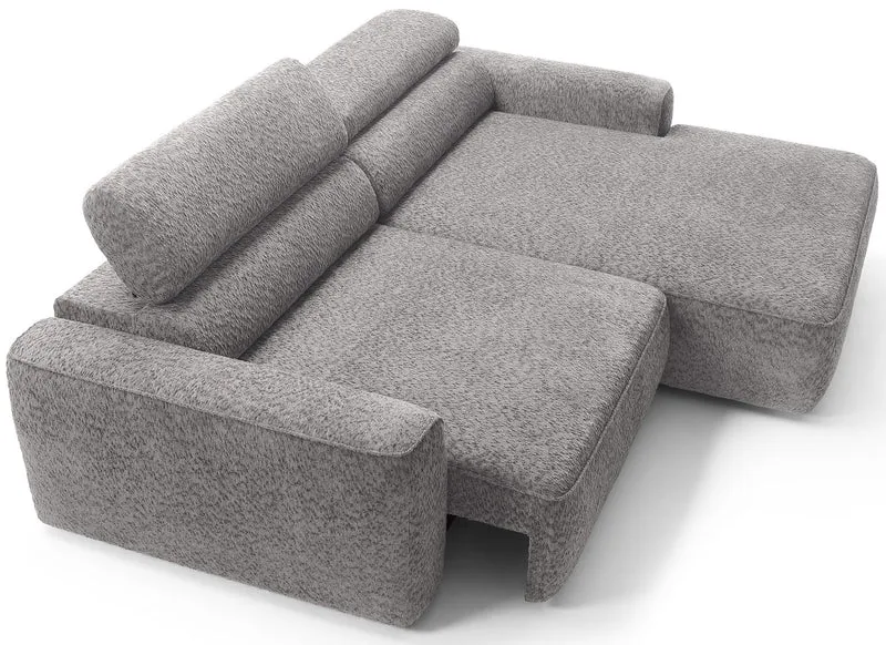 Ecksofa Fando mit elektrisch ausziehbarer Sitzfläche, L-förmig, rechtsseitig, hellgrauer Chenille-Stoff