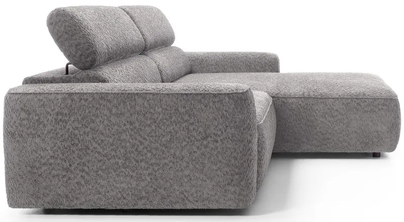 Ecksofa Fando mit elektrisch ausziehbarer Sitzfläche, L-förmig, rechtsseitig, hellgrauer Chenille-Stoff