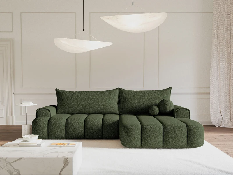 Ecksofa mit Schlaffunktion Dandelino, L-förmig, rechtsseitig, mit Stauraum, khaki Bouclé