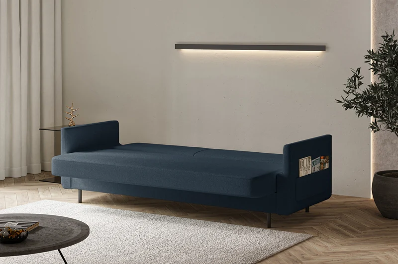 Dreisitziges ausklappbares Sofa Ovelio, marineblauer Chenille-Stoff, wasserabweisend