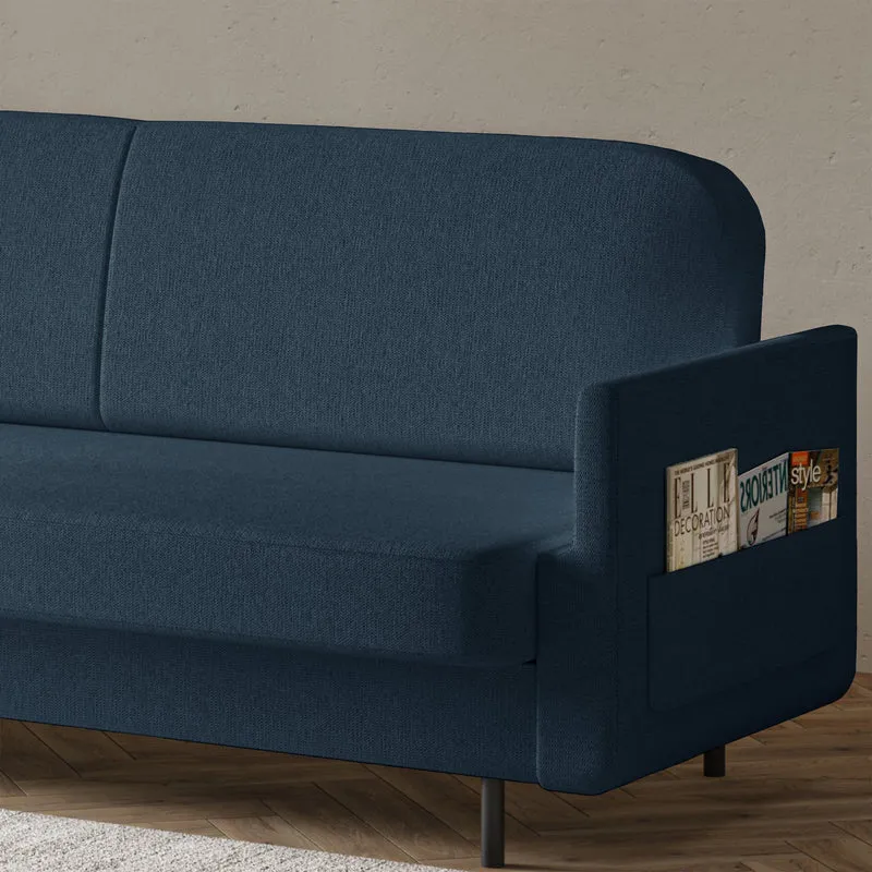 Dreisitziges ausklappbares Sofa Ovelio, marineblauer Chenille-Stoff, wasserabweisend
